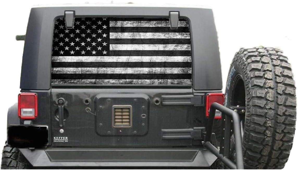 Rear Window Decal Perforated Subdue Distressed American Flag Compatable with Wrangler Includes Instalation Kit